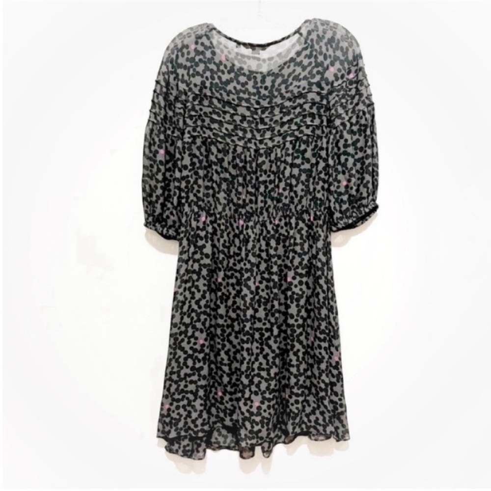 Boden abstract print dress gray black dots viscose pleated flowy puff sleeves - Picture 10 of 10